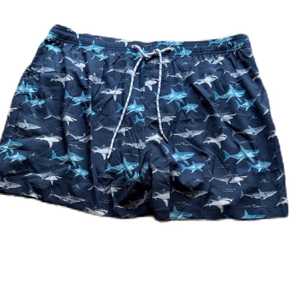 Nautical Shark Print Swim Trunks - Navy Blue